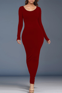 Burgundy Casual Solid Color O Neck One Step Skirt Dresses