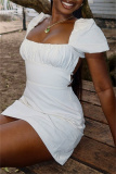 White Casual Solid Color Backless Belted Square Neck Short Sleeve Short Sleeve Dress