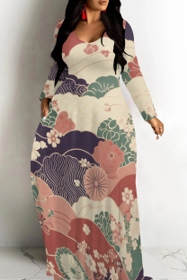 Multicolor Casual Print Patchwork V Neck Long Dresses