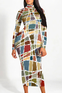 Multicolor Street Geometric Print Stripe Contrast Half A Turtleneck Printed Dresses