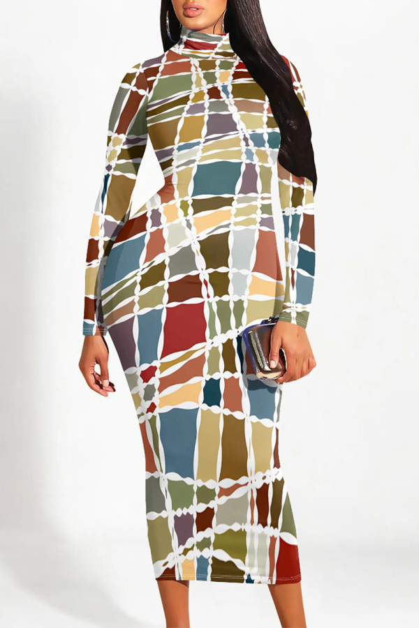 Multicolor Street Geometric Print Stripe Contrast Half A Turtleneck Printed Dresses
