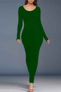 Green Casual Solid Color O Neck One Step Skirt Dresses