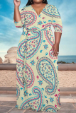 Light Yellow Casual Geometric Print Lace Up Contrast V Neck Printed Plus Size Dresses