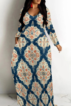 White Blue Casual Print Patchwork O Neck Long Dresses