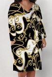 Black And White Casual Street Chain print Leopard Pocket Contrast V Neck Printed Plus Size Dresses