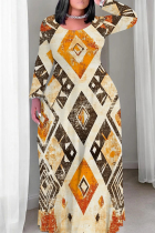 Light Khaki Casual Print Patchwork O Neck Long Plus Size Dresses