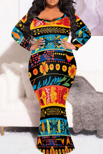 Yellow Red Casual Print Patchwork O Neck Long Plus Size Dresses