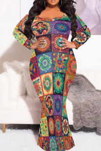 Multicolor Casual Print Patchwork O Neck Long Plus Size Dresses