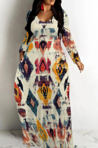 Light Khaki Casual Print Patchwork O Neck Long Dresses