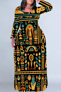 Black Yellow Casual National Totem Print Pocket Contrast O Neck Printed Plus Size Dresses