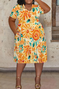 Orange Casual Print Pocket Patchwork V Neck Straight Plus Size Dresses