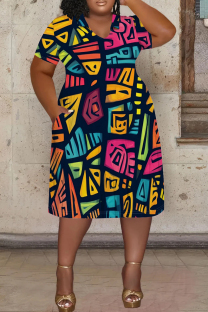 Multicolor Casual Print Pocket Patchwork V Neck Straight Plus Size Dresses