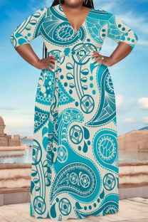 Light Blue Casual Geometric Print Lace Up Contrast V Neck Printed Plus Size Dresses