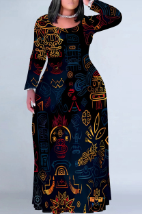 Blue Black Casual National Totem Print Pocket Contrast O Neck Printed Plus Size Dresses