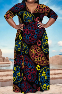 Colour Casual Geometric Print Lace Up Contrast V Neck Printed Plus Size Dresses