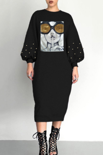 Black Casual Print Patchwork Beading O Neck Long Dresses