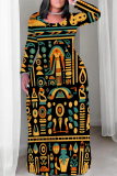 Yellow Casual National Totem Print Pocket Contrast O Neck Printed Plus Size Dresses