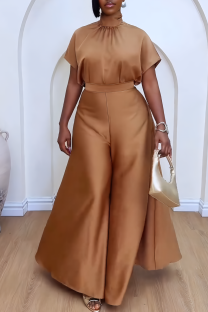 Brown Elegant Solid Color Pants Knotted Turtleneck Short Sleeve Two Pieces
