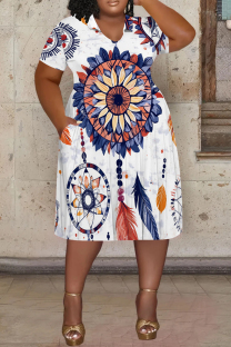 White Casual Print Pocket Patchwork V Neck Straight Plus Size Dresses