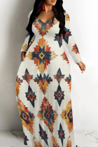 White Casual Print Patchwork O Neck Long Dresses