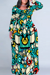 Green Casual National Totem Print Pocket Contrast O Neck Printed Plus Size Dresses