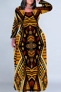 Yellow Casual National Totem Print Pocket Contrast O Neck Printed Plus Size Dresses