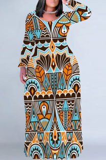 Multicolor Casual National Totem Print Pocket Contrast O Neck Printed Plus Size Dresses
