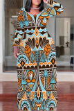Yellow Casual National Totem Print Pocket Contrast O Neck Printed Plus Size Dresses