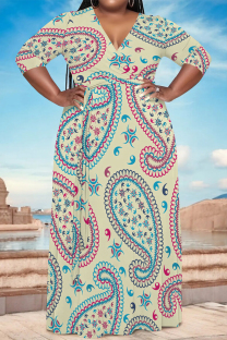 Light Yellow Casual Geometric Print Lace Up Contrast V Neck Printed Plus Size Dresses