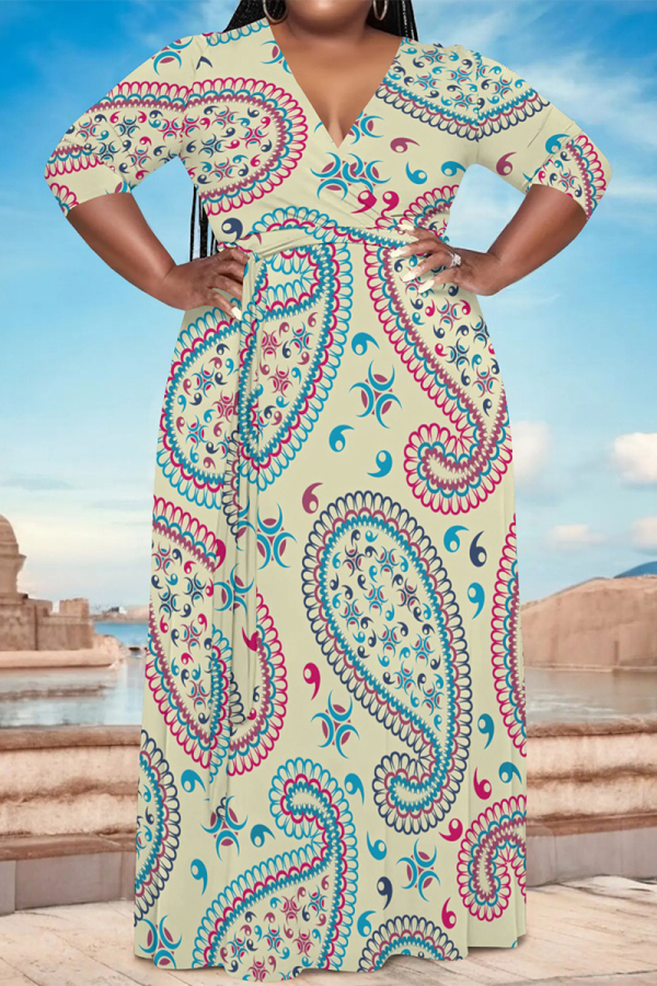Light Yellow Casual Geometric Print Lace Up Contrast V Neck Printed Plus Size Dresses