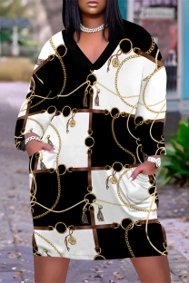 Black And White Casual Street Chain print Leopard Pocket Contrast V Neck Printed Plus Size Dresses