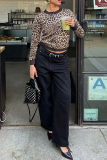 Leopard Print Casual Leopard Print Buckle Patchwork O Neck Tops