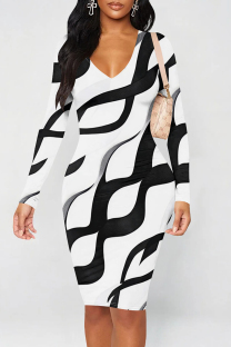 White Black Casual Print Patchwork V Neck Wrapped Skirt Dresses