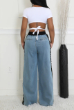 Blue Casual Letters Pocket Patchwork Strap Design Contrast Mid Waist Straight Denim Jeans