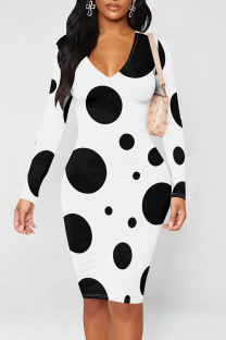 White Casual Print Patchwork V Neck Wrapped Skirt Dresses