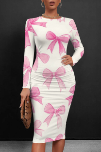White Pink Casual Print Patchwork O Neck Wrapped Skirt Dresses
