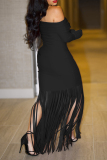 White Casual Solid Color Fringed Trim Patchwork Off Shoulder Long Dresses