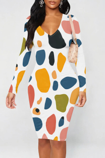 Multicolor Casual Print Patchwork V Neck Wrapped Skirt Dresses