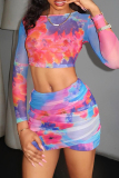 Colour Sexy Print Patchwork O Neck Long Sleeve Two Pieces