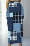 Dark Blue Casual Faux Denim Print Contrast Regular High Waist Full Print Bottoms