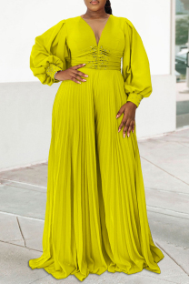 Green Yellow Elegant Solid Color Patchwork Beading Ruched V Neck Long Dresses