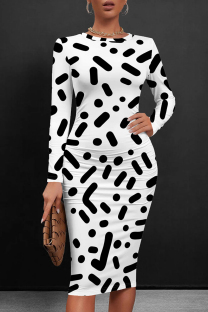 White Black Casual Print Patchwork O Neck Wrapped Skirt Dresses