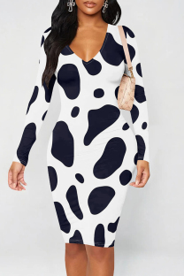 Black And White Casual Print Patchwork V Neck Wrapped Skirt Dresses