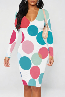 Blue Pink Casual Print Patchwork V Neck Wrapped Skirt Dresses