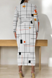 White Orange Casual Print Patchwork O Neck Wrapped Skirt Dresses