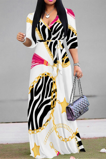 White Elegant Floral Print Lace Up Contrast V Neck Printed Dresses