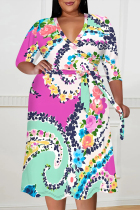 Rose Red Casual Floral Print Lace Up Contrast V Neck Printed Plus Size Dresses