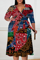 Red Casual Floral Print Lace Up Contrast V Neck Printed Plus Size Dresses