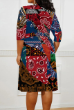 Black Green Casual Floral Print Lace Up Contrast V Neck Printed Plus Size Dresses