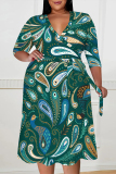 Black Green Casual Floral Print Lace Up Contrast V Neck Printed Plus Size Dresses